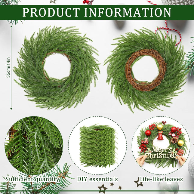 Zeyune 8 Pcs Christmas DIY Green Wreath 14 Inch Artificial Christmas Wreaths Faux Plain Wreaths for Decorating Front Door Window Room Farmhouse Christmas Party Indoor Outdoor (Norfolk Pine)