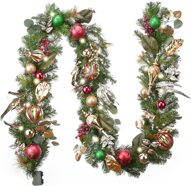 Valery Madelyn Christmas Garland Decorations with Lights for Mantle, Full Large 9 feet Lighted Christmas Garland Indoor Outdoor for Stairs Railing Fireplace Front Door Decor with Red Green Gold Balls