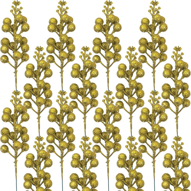24 Pack Christmas Glitter Berries Stems, 8.26Inch Artificial Christmas Picks for Christmas Tree Ornaments, DIY Xmas Wreath, Crafts, Holiday and Home Decor（Gold）