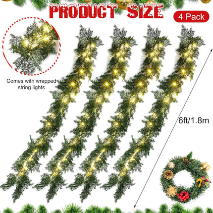 4 Pcs 6 ft LED Christmas Cedar Pine Garland Artificial Greenery Garland with LED Lights Realistic Garland Battery Operated for Christmas Holiday Mantel Fireplace Table Centerpiece