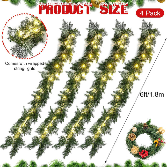 4 Pcs 6 ft LED Christmas Cedar Pine Garland Artificial Greenery Garland with LED Lights Realistic Garland Battery Operated for Christmas Holiday Mantel Fireplace Table Centerpiece