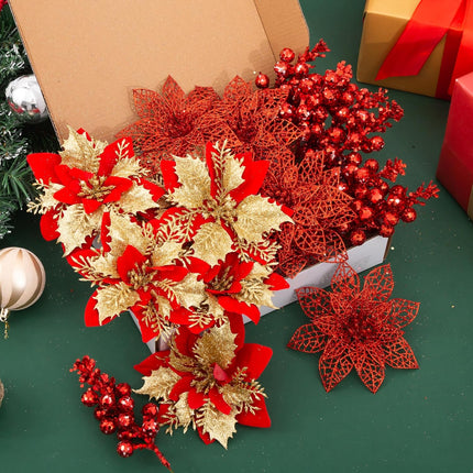 24Pcs Christmas Poinsettia Artificial Flowers and Glitter Berries Kit, 2 Styles Total 16Pcs Christmas Tree Flowers Ornaments, 8Pcs Christmas Tree Picks for Wedding Holiday Decorations, Red Gold