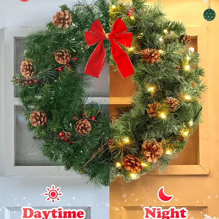 24 Inch Pre-Lit Handcrafted Christmas Wreath for Front Door, IP44 Battery Operated 50 LED Christmas Wreaths, Decor with Pinecones Pine Needles Branches Red Berry Mini Bow, Wreaths for Door Wall Window