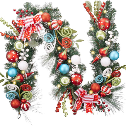 Valery Madelyn 6 feet Pre-Lit Christmas Garland with Lights for Mantle, Lighted Battery Operated Elf Xmas Garland with Red Green Balls for Front Door Fireplace Table Centerpiece Outdoor Home Decor