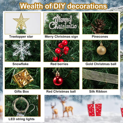 26.7'' Artificial Mini Christmas Tree, Tabletop Xmas Tree, Small Christmas Tree with Light, Star Treetop Pine Cones Boxes and Ball Ornaments for DIY Christmas Decorations