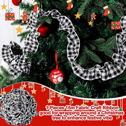 15 Yards Plaid Christmas Tree Garland Christmas Buffalo Plaid Ribbon Ruffled Homespun Fabric Garland Christmas Tree Ribbon Decorations for Christmas Home Wreath Staircase Tree Decor (White and Black)