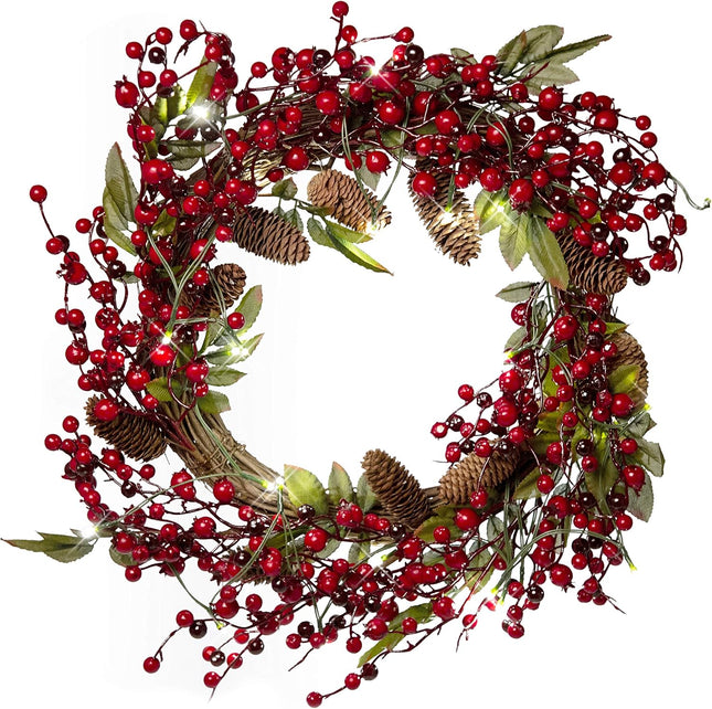 Red Co. 22” Light-Up Christmas Wreath with Red Cranberries, Pinecones & Leaves, Battery-Operated LED Lights with Timer