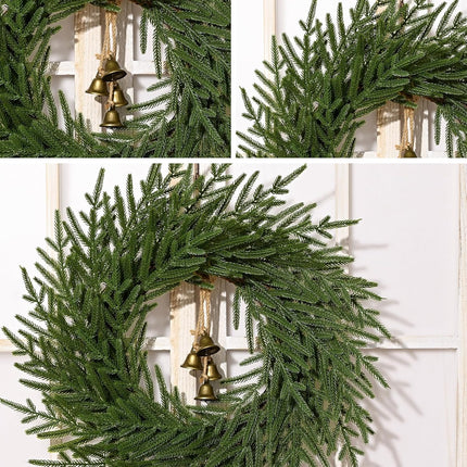 Dolicer Christmas Wreath - 24" Real Touch Norfolk Pine Wreath, Christmas Wreaths for Front Door Artificial Pine Green Wreath with Bell for Wall Windows Mantle Outdoor Outside Christmas Decoration