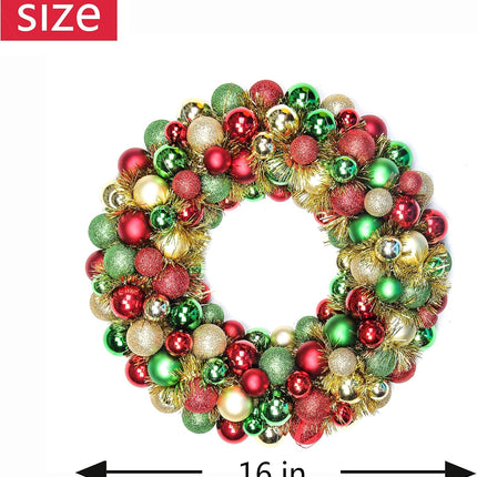 16 Inch Christmas Ball Wreath Ornaments Home Party Decors Xmas Holiday Decorative Shatterproof Hanging Ornament Wreath for Front Door Red Gold Green
