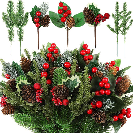 60 Pcs Christmas Artificial Green Pine Needles, Christmas Floral Picks Artificial Holly Red Berry Twig Stem Pine Snowy Cone Branches Garland Bulk for Xmas Tree Craft Holiday Winter (Charming Style)