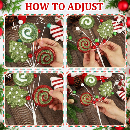 Christmas Tree Picks Candy and Lollipop Pick for Christmas Tree Filler Decoration,Red Green and White Glitter Christmas Pick for Tree Topper Wreath Vase Home Holiday Decorations(6 Pieces,14 inches)