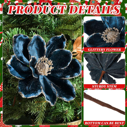 12 Pcs Christmas Glitter Artificial Flower Set 6 Magnolia Flower 6 Magnolia Leaves Picks Christmas Tree Wreath Decor Artificial Floral Ornaments for Xmas Party Holiday (Peacock Blue)