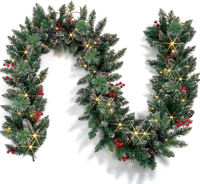 Christmas Garland with Lights, Battery Powered 8 Lighting Modes, 9FT 50 LED Luminous Christmas Decorations Indoor Home Decor