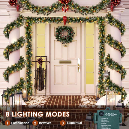 Brightown Christmas Garland with Lights, 9ft 100LED Battery Operated Garland Decorated with Pine Cones, Berry, 8 Light Modes & Timer, Indoor & Outdoor Christmas Lights for Stairs Fireplace Door Fences