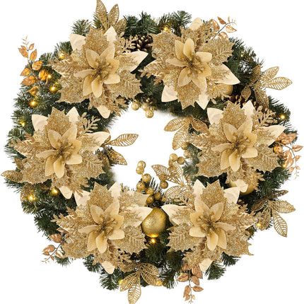 DEEMEI Christmas Poinsettia Artificial Flowers Christmas Tree Wreaths Garland Decoration 15 Pcs 5.5" Glitter Flowers Picks Decor for Xmas Year Wedding Party Ornaments Gold
