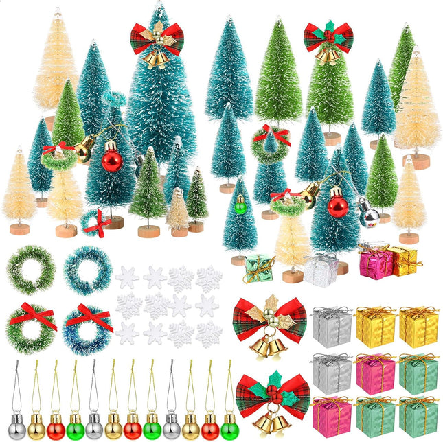 67 Pcs Miniature Sisal Frosted Christmas Trees Snowflake Bottle Brush Trees with Wood Base Mini Artificial Christmas Trees Set Tiny Christmas Balls Box Wreath for Christmas Home DIY Decor Crafts