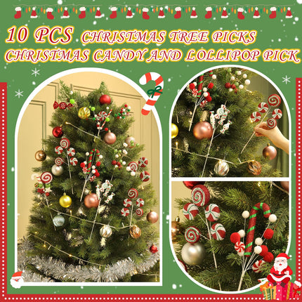 Lyrow 10 Pcs Christmas Tree Picks Christmas Candy and Lollipop Pick Christmas Tree Picks Decoration Lollipop for Xmas Tree Topper Decor Vase Filler Craft Wreath Holiday Party Ornament (Cute)