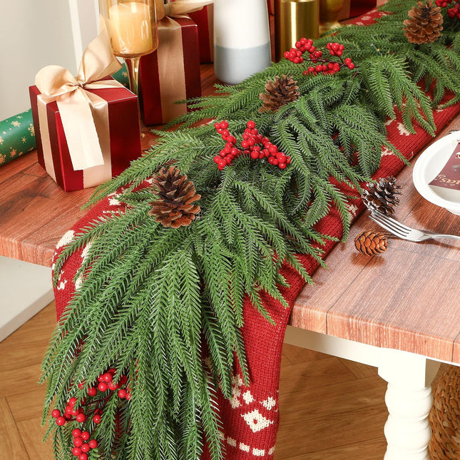 9FT Christmas Garland Prelit Faux Decorations, Realistic Green Norfolk Pine Garland with Lights Battery Operated for Mantle Stairs Railing Fireplace Table Indoor Xmas Decor, 9FT