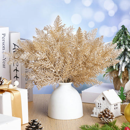 Cindeer 100 Pcs Christmas Tree Picks Sprays 10.24 Inch Glitter Artificial Pine Leaves Cedar stem Faux Pine Needles Greenery Cedar Branches Ornament for Home Garland Wreath Winter Decor(Champagne Gold)