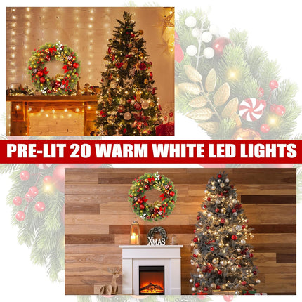 Sggvecsy 17 Inch Artificial Christmas Wreath for Front Door with 20 LED Lights Pine Needles Christmas Balls Red White Berries Pine Cones Bows Decoration for Winter Wall Outdoor Home Holiday Xmas Decor