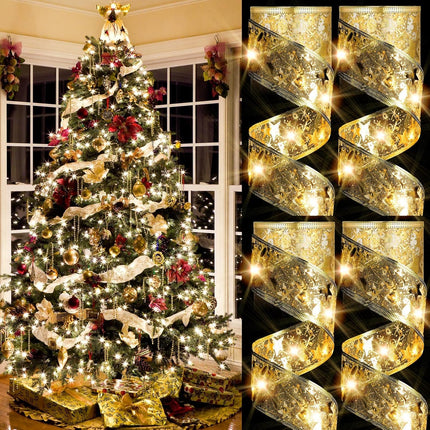 4 Pcs 65.62 ft Christmas Ribbon Fairy Lights Gold Christmas Lights Lighted Ribbon Garland for Christmas Tree Gold Garland Christmas Decorations Indoor Outdoor Party Decorations, Warm White