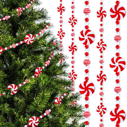 AnyDesign 9Ft Christmas Tree Candy Garland Fake Acrylic Peppermint Candy Christmas Garland Decoration Red White Candy Beaded wreath for Christmas Party Supplies Holiday Favors Xmas Home Decoration