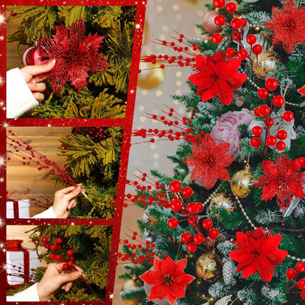 Hotop 48 Pcs 4 Styles Christmas Glitter Poinsettia Artificial Flowers 24,12 Bead Sticks,12 Berries Stems Gold Christmas Tree Ornament with Clips and Stem for Xmas Wedding Wreath Decoration (Red)