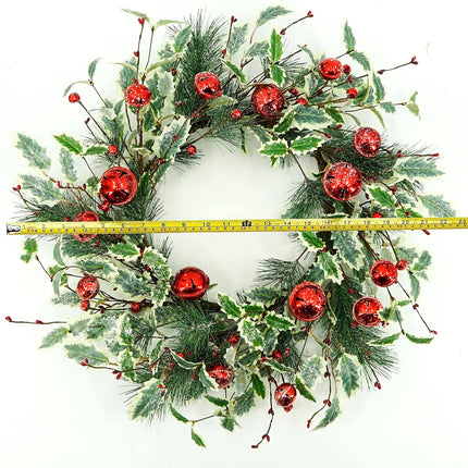 Artificial Christmas Wreath Winter Wreath with Holly Leaves,Red Bell for Front Door Indoor Outdoor Farmhouse Wall Holiday Decor