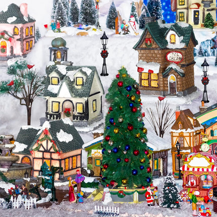 Queekay Christmas Winter Village Houses Set Christmas Miniature Resin Ornament Kits Christmas Cedar Bare Branch Tree Street Lamp Room Decor(Retro Style)