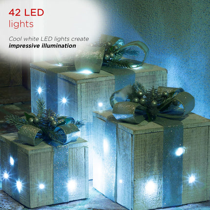 Alpine Corporation 3-Piece Wooden Box Christmas Decor with LED Lights, Silver