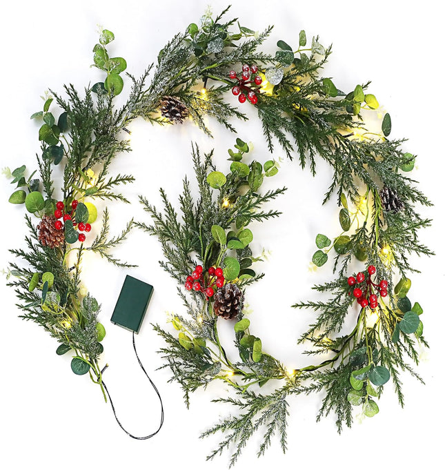 Brightown Pre-lit Christmas Garland with Lights, 6 Feet 20 LED Battery Operated Christmas Lights with Pine Cones, Berry, Eucalyptus Leaves, Indoor Christmas Decorations for Stairs, Fireplace, Door