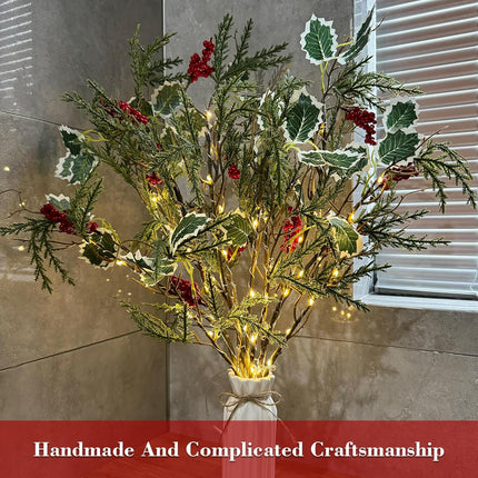 3 PCS Lighted Christmas Evergreen Sprig Branches Tree, Handmade Design with Red Berries Holly Leaves and Pine Leaves, 60 Lights in Total, Timer, Battery Operated for Home Vase Indoor Outdoor