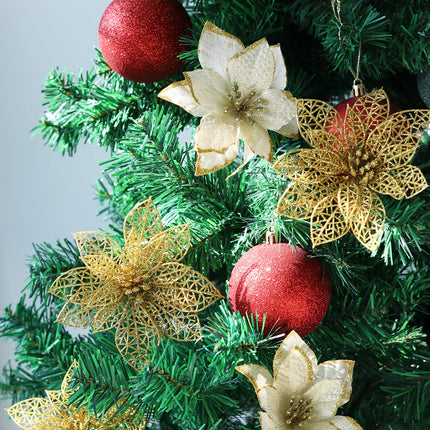 ilauke 24Pcs Gold Poinsettias Artificial Christmas Flowers, 6" Glitter Artificial Christmas Flowers with 30 Clips, for Xmas Tree Decorations Wedding Party Fireplace Stairs Decor
