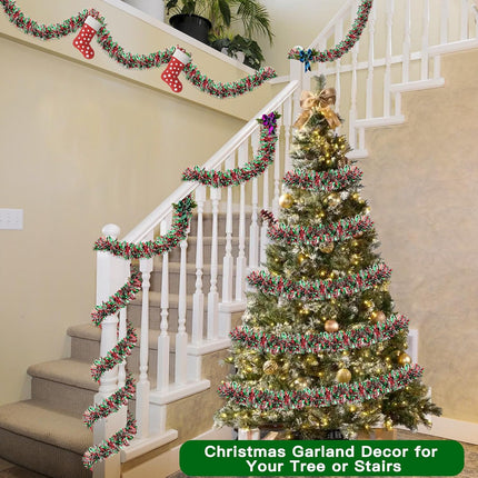 50FT Red Green Silver Christmas Tinsel Garland Metallic Twist Shiny Garland for Christmas Tree Decorations, Xmas Holiday Hanging Garland for Home Mantle Stair Indoor Outdoor Party Supplies Decor