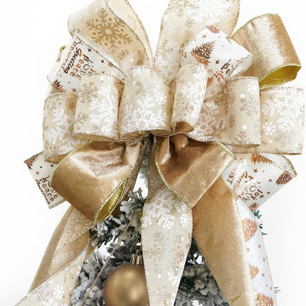MEEDEE Champagne Christmas Tree Topper Champagne Glitter Christmas Bows 12" Wide Velvet Christmas Bows Gold Christmas Bows Champagne Bows for Christmas Tree Velvet Bows for Christmas Tree (1 Pack)