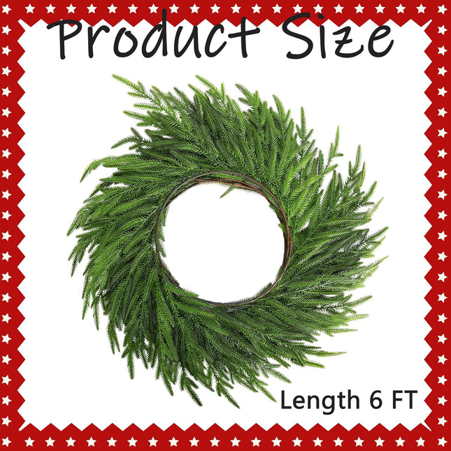 Watayo 6 Ft Christmas Norfolk Pine Garland- Dense Real Touch Pine Garland Ornament- Realistic Artificial Pine Greenery Garlands for Mantle, Table, Fireplace, Indoor, Outdoor Christmas Decoration