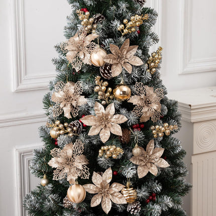 24Pcs Champagne Glitter Poinsettia Christmas Tree Ornaments and Glitter Berries Stems, 16Pcs Christmas Artificial Flowers and 8 Pack Christmas Tree Picks for Wedding Holiday Decorations