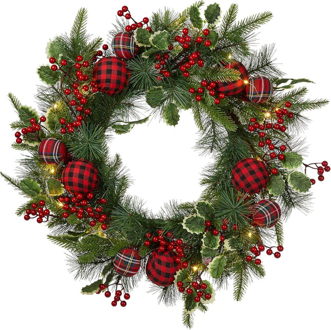 Glitzhome 24 Inch Prelit Christmas Wreath, Berry Holly Pine Wreath, Holiday Xmas Hanging Decoration for Front Door Porch