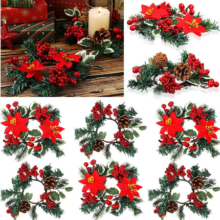 Set of 8 Christmas Candle Rings Christmas Wreaths Berry Pinecone Red Poinsettia Candle Wreaths Rings Mini Christmas Candleholders Xmas Wreath Candle Holder for Christmas Centerpiece(Stylish)