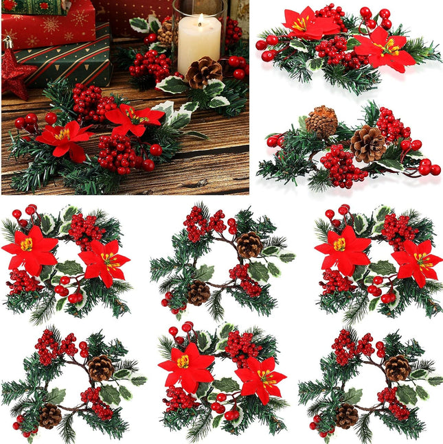 Set of 8 Christmas Candle Rings Christmas Wreaths Berry Pinecone Red Poinsettia Candle Wreaths Rings Mini Christmas Candleholders Xmas Wreath Candle Holder for Christmas Centerpiece(Stylish)