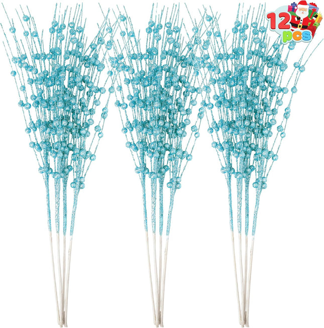 Joiedomi 12 Pcs Christmas Blue Glitter Berry Stems, 17'' Christmas Tree Picks, Xmas Wreath Ornaments Artificial Decorative Sticks, Glitter Twigs DIY Garland Crafts for Holiday Wedding Party Home Decor