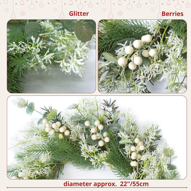 Perfnique 22'' Christmas Wreath for Front Door with Lights, Winter Outdoor Wreath Pine Wreath with White Berry and Glitter, Christmas Indoor Wreaths for Wall Window Fireplace Home Holiday Decor(White)