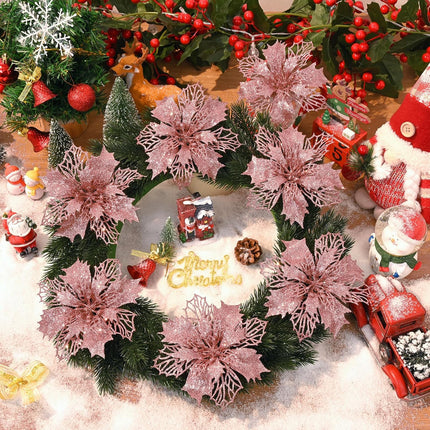 Waipfaru 24 Pcs Christmas Tree Decorations, Rose Gold Poinsettias Artificial Christmas Flowers, Pink Glitter Christmas Ornaments Picks for Christmas Tree Xmas Winter Wreath Garland Decor