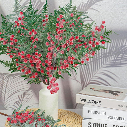 Christmas Snowy Cedar Picks 21 Inch Artificial Red Berry Pine Branches Large Frosted Cedar Sprays Christmas Faux Pine Needles Berry Cedar Sprigs for Holiday Garland Wreath Vase Floral Arrangements