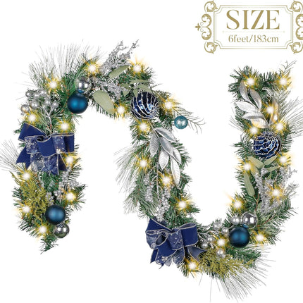 Valery Madelyn 6 feet Pre-Lit Christmas Garland with Lights for Mantle, Lighted Battery Operated Xmas Garland with Silver Blue Balls Ribbons for Front Door Fireplace Table Centerpiece Outdoor Decor