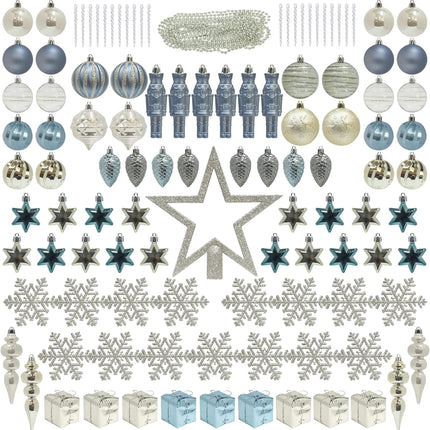 ITART 115pcs Christmas Tree Ornaments Assortment Dusty Blue Cream Gold Including Star Tree Topper Balls Large Snowflakes Pine Cone Nutcracker Figurines Bead Garland for Christmas Tree Decor