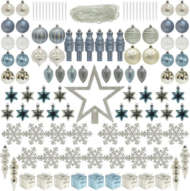 ITART 115pcs Christmas Tree Ornaments Assortment Dusty Blue Cream Gold Including Star Tree Topper Balls Large Snowflakes Pine Cone Nutcracker Figurines Bead Garland for Christmas Tree Decor
