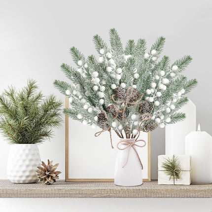 Sggvecsy 6 Pack Snow Frosted Christmas Berries Pine Picks Artificial White Berry Pine Branches Faux Pine Stem with Pine Cones for Xmas Tree Wreath DIY Craft Floral Arrangement Holiday Decor (White)