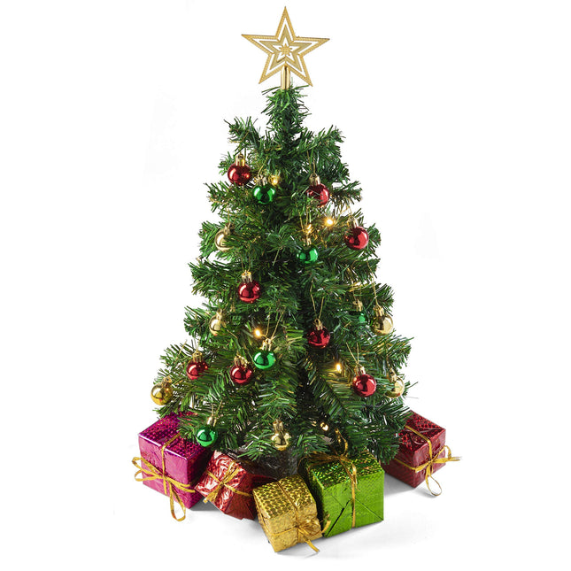Prextex 23 Inch Tabletop Mini Christmas Tree Set with Warm-White LED Lights, Star Topper, Boxes and Ornaments - Small Christmas Tree for Desk or Table - Easy Setup Christmas Decorations