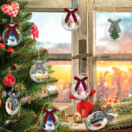 Christmas Ornaments Plastic Discs Ornaments Clear fillable Ornaments Balls with Silver Cap and Black White Red Buffalo Plaid Bows for Craft DIY Christmas Tree Wreath Decoration (32 Pcs, 3.15 Inch)